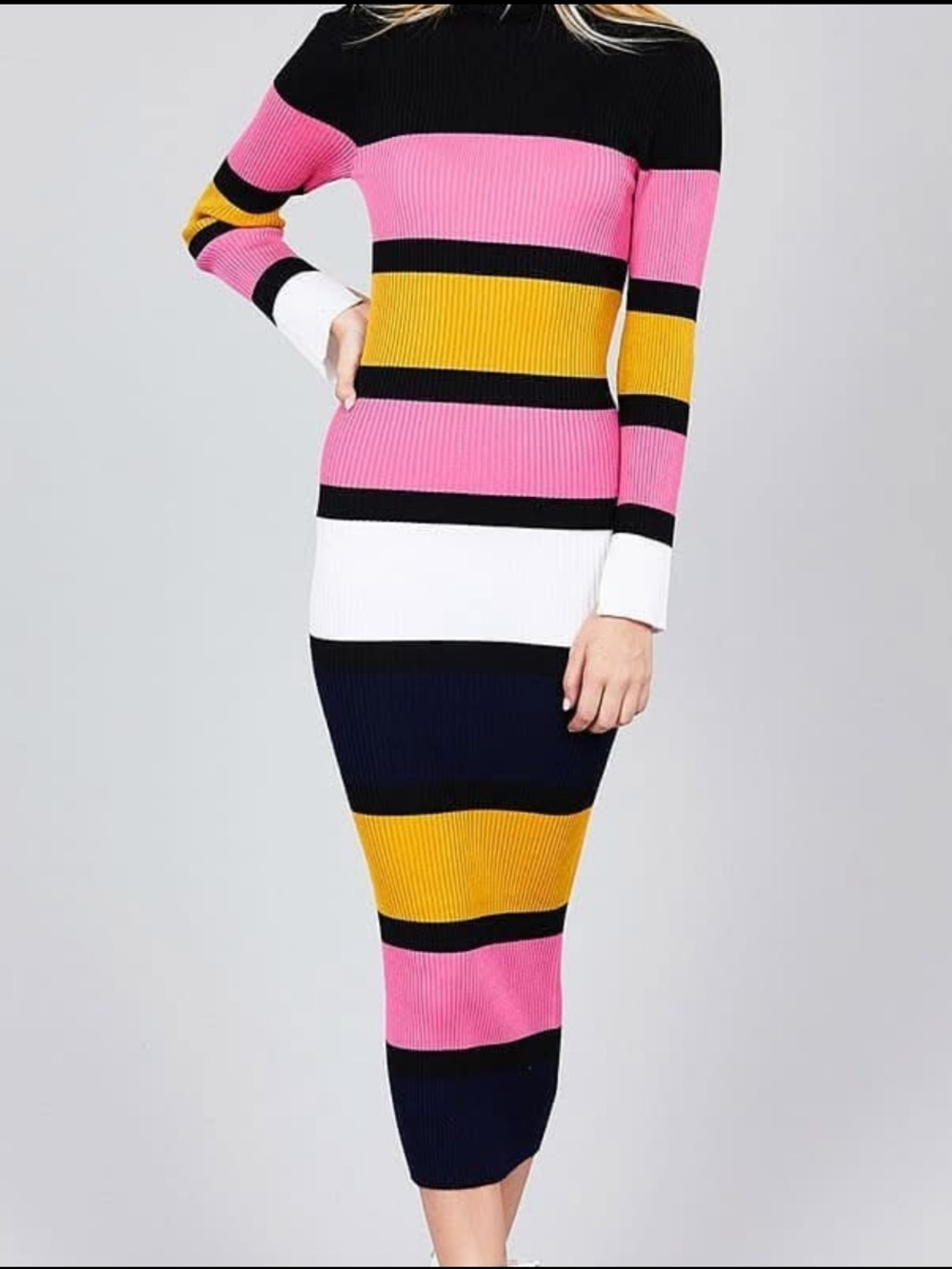 Striped Rib Knit Midi Dress in Pink, Mustard & Navy